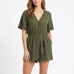 Emma & Michele Olive Green V-Neck Mini Romper- Dress with Flutter Sleeves